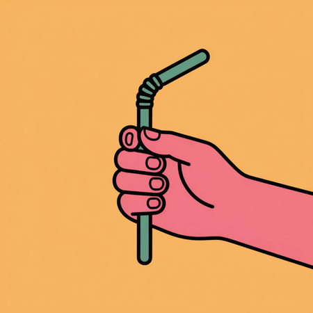 A simplified line drawing shows a pink hand holding a teal-colored flexible drinking straw against a peach-orange background.  The style is minimalist and bold.のイラスト素材