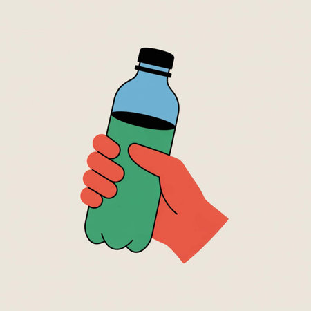 A simple graphic illustration depicts a coral hand holding a green plastic bottle with a light blue cap filled with green liquid against a beige background.のイラスト素材