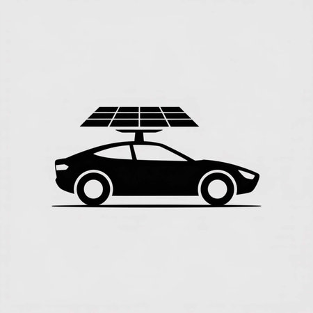 Black silhouette of a car with a solar panel on top against a light gray background. Simple, flat design.のイラスト素材