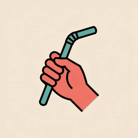 Simple line art illustration of a coral hand holding a teal blue plastic straw on a beige background. Minimalist style.のイラスト素材
