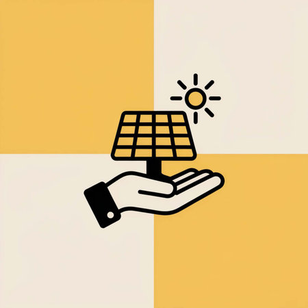 Simple graphic design featuring a black solar panel icon held in a hand against a yellow and off white background a small sun icon is also presentのイラスト素材