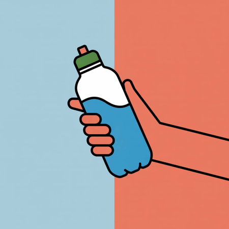 A hand grasps a blue water bottle against a two-toned background of light blue and coral The style...