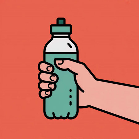 A hand grasps a teal plastic water bottle set against a coral orange backdrop The image is rendered in a simple line art styleのイラスト素材