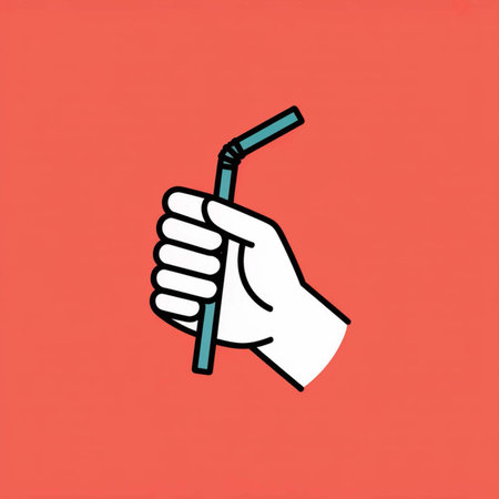 A simple line art illustration depicts a white hand holding a teal blue plastic straw against a coral red background. The style is minimal and flat.のイラスト素材