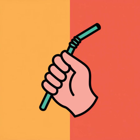A simple line art illustration depicts a hand holding a teal straw against a split orange and coral background. The style is minimalist and flat.のイラスト素材