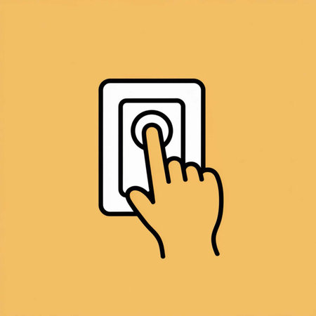 Simple line art illustration of a hand pressing a button on a square device against a pale orange background The hand is yellowish and the button is whiteのイラスト素材
