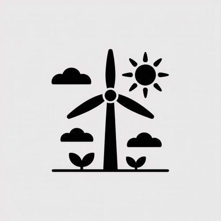 Black silhouette icon depicting a wind turbine, sun, clouds, and plants against a light gray background. Simple, minimalist style.のイラスト素材