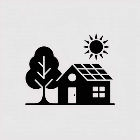 Black silhouette icon depicting a house with solar panels on the roof next to a tree and sun on a light gray background.  Simple minimalist style.のイラスト素材