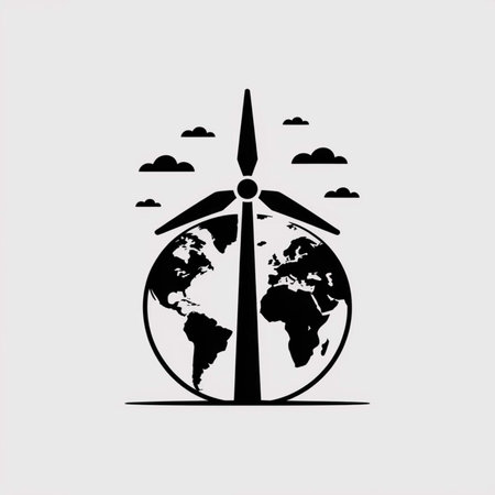 Black silhouette wind turbine centered over a simplified earth globe graphic against a light gray background small clouds surround the turbineのイラスト素材