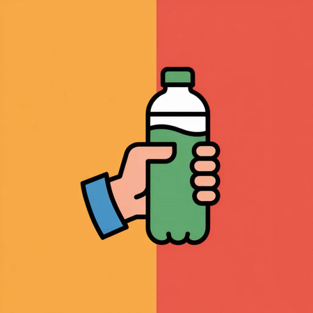 A simple line art illustration shows a hand holding a green plastic bottle against a split orange and red background.のイラスト素材