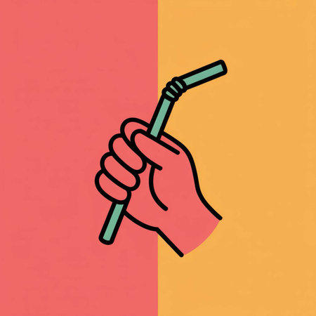 A stylized illustration shows a hand grasping a light teal straw against a split coral and golden yellow background.  The style is simple line art.のイラスト素材