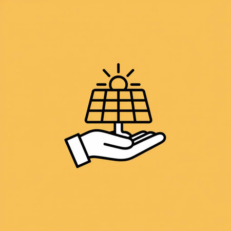 Simple line drawing of a hand holding a small solar panel with a sun on top against a mustard yellow background. Black lines on a solid yellow background. Minimalist style.のイラスト素材