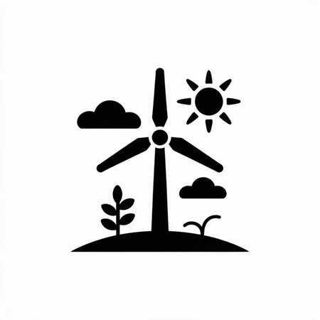 Black silhouette icon depicting a wind turbine in a sunny landscape with clouds and plants simple graphic designのイラスト素材