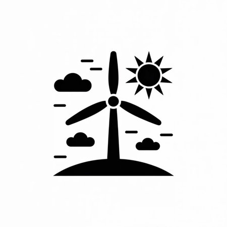 Black silhouette wind turbine icon set against a white background featuring a sun and clouds simple graphic styleのイラスト素材