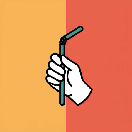 Teal straw showing a teal plastic drinking straw held by a white gloved hand against a split...のイラスト素材