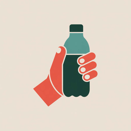 Flat design illustration of a coral red hand holding a dark green plastic bottle with a teal cap against a beige background.のイラスト素材