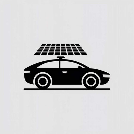 Black silhouette of a car with a solar panel on its roof against a light gray background. Simple, clean design.のイラスト素材