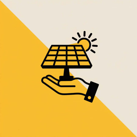 Black line art illustration of a hand holding a solar panel and a sun symbol against a two-toned yellow and beige background.のイラスト素材