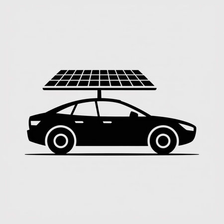 Black silhouette of a car with a solar panel on its roof against a light gray background. Simple, clean design.のイラスト素材