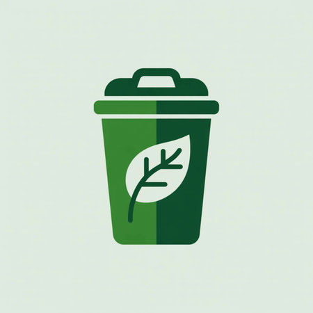 Two-tone green compost bin icon with a leaf graphic against a light green background. Simple, flat design.のイラスト素材