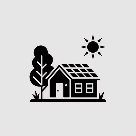 Simple black and white illustration depicting a house with solar panels a tree and sun against a light grey background. Minimalist style.のイラスト素材