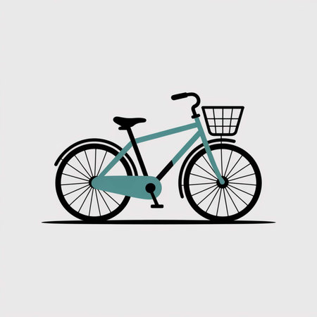 Simple line art illustration of a teal bicycle with a black frame and wire basket against a light gray background.のイラスト素材