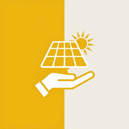 A simple graphic shows a white hand holding a yellow solar panel and sun icon against a yellow and off-white background.のイラスト素材