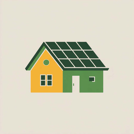 A simple illustration depicts a yellow and green house featuring dark green solar panels on its roof against a light beige background.のイラスト素材