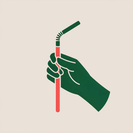 Minimalist illustration of a dark green hand holding a coral red drinking straw on a light beige background simple flat design with bold outlinesのイラスト素材