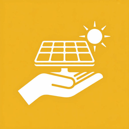 A simple graphic depicts a white hand holding a solar panel icon against a bright yellow background.  The style is minimalist and clean.のイラスト素材