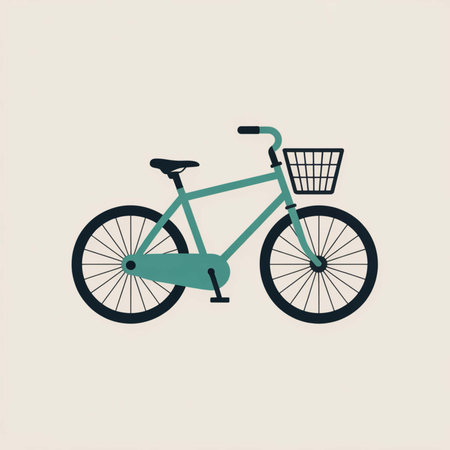 A simple illustration of a teal bicycle with black wheels and a front basket set against a beige background. The style is minimalist and flat.のイラスト素材