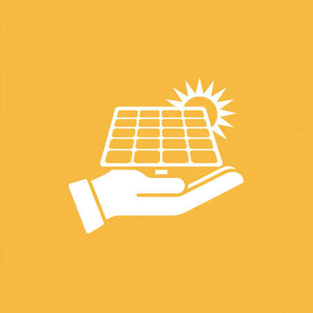 A simple white icon depicts a hand holding a solar panel with a sun graphic against a solid yellow background. The style is minimalist and clean.のイラスト素材