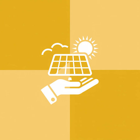 A simple graphic depicts a white hand holding a solar panel icon against a yellow background with a sun and clouds.のイラスト素材