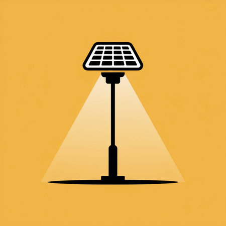 Black silhouette of a solar powered street lamp on a yellow background emitting a triangular light...