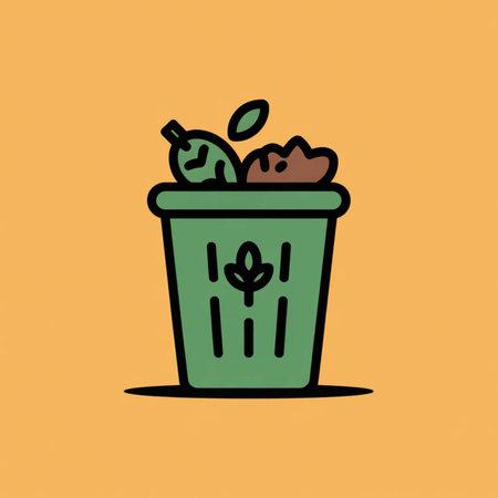 A simple line art illustration depicts a green compost bin against an orange background containing vegetable scraps coffee grounds and leavesのイラスト素材
