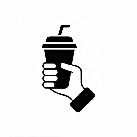 A black silhouette of a hand holding a disposable cup with a straw against a white background.  The style is simple and flat.のイラスト素材