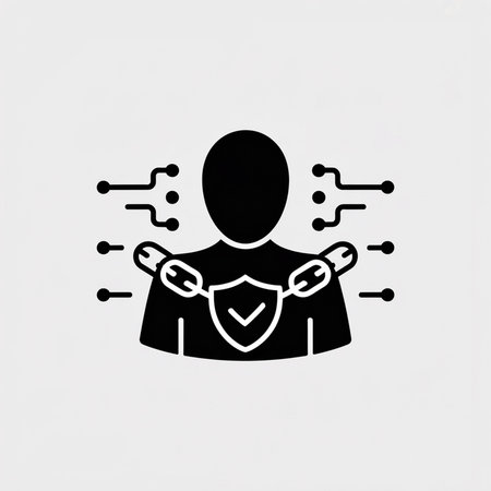 Black silhouette icon depicting a person with a protective shield and linked chains symbolizing secure data connections against a light gray backdrop simple flat designのイラスト素材