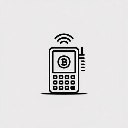 A minimalist black line art vector icon shows a mobile payment terminal displaying a bitcoin symbol with a wireless signal and numeric keypad on a light gray background.のイラスト素材