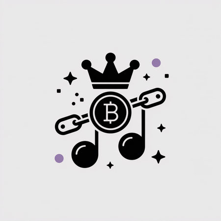Black bitcoin coin with crown, linked to music notes by a chain. Minimalist vector illustration against a light gray background.  Simple, flat style.のイラスト素材