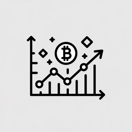Black line art icon on light gray background shows a minimalist Bitcoin cryptocurrency growth chart with an upward trending line graph and Bitcoin symbol.のイラスト素材