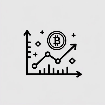 Black line art icon depicting a Bitcoin symbol above an upward trending line graph on a white background.  Simple, minimalist style.のイラスト素材