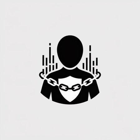 A simple black and white vector icon depicts a person with a chain and shield.  The style is minimalist and flat.  The background is light gray.のイラスト素材