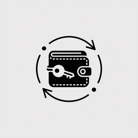 A simple black vector icon depicts a closed wallet with a key inside encircled by two counter-rotating arrows against a light gray backdrop. The style is minimalist and flat.のイラスト素材