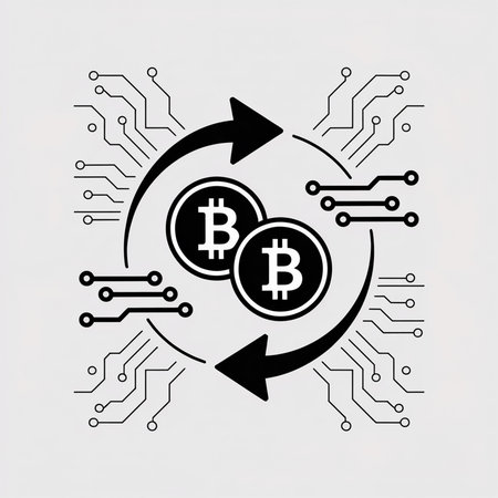 Black Bitcoin coins circulate within a minimalist black and white vector illustration featuring circuit board patterns and arrows symbolizing digital currency exchange.のイラスト素材