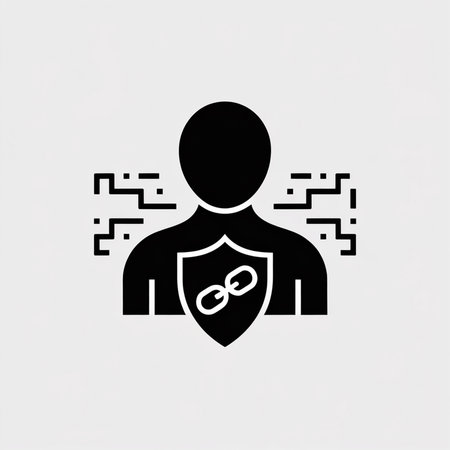 A simple black vector icon depicts a person with a shield containing a link symbol surrounded by digital data fragments against a light gray background.のイラスト素材
