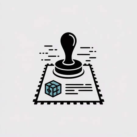 Black rubber stamp descends onto a teal package document with speed lines a minimalist vector iconのイラスト素材