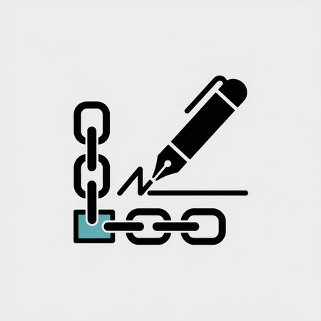 A minimalist illustration depicts a black fountain pen signing a line below a teal block connected to a chain of black links.  The style is simple and flat.のイラスト素材