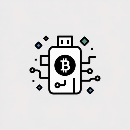A simple black line drawing of a USB drive featuring a Bitcoin symbol surrounded by stylized circuit...