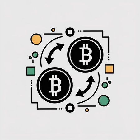 Two black Bitcoin coins with white B symbols are shown exchanging via curved arrows.  Simple geometric shapes in orange and green are included on a light gray background.  The style is minimalist and graphic.のイラスト素材