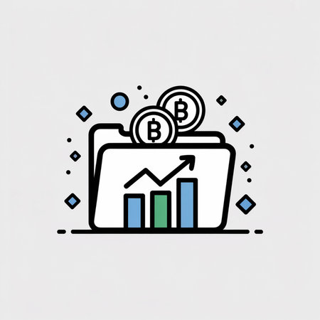 A simple line art icon shows a file folder containing a bar graph with an upward trending arrow and two Bitcoin coins.  The color palette is light blue and green on a light gray background.のイラスト素材